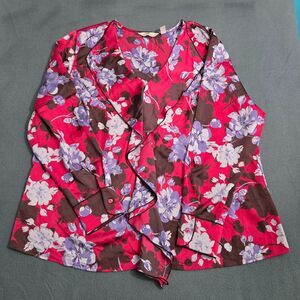 Laurie Felt Women 1X Pink Peonies Floral V-Neck Long Sleeve Ruffle Blouse